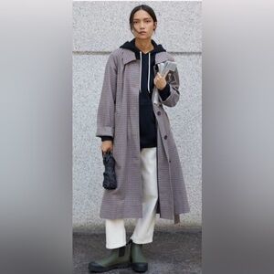 NEW Everlane Gathered Drape Trench in Blue/Brown Houndstooth Medium